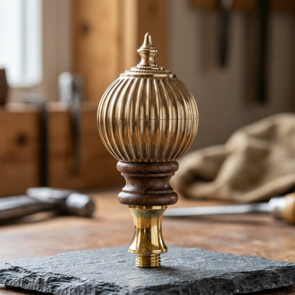Turned Solid Brass & Wood Ornamental Finial