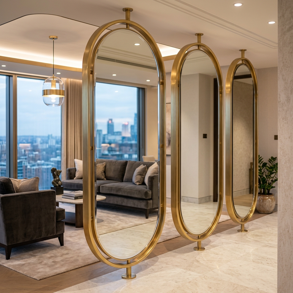 Floor-to-Ceiling Oval Brass Mirror Partitions